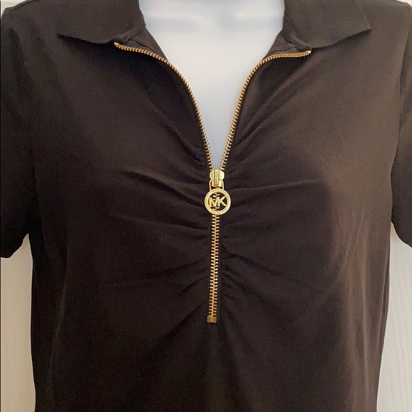 NEW MICHAEL KORS RUCHED MK LOGO BLACK SHIRT POLO - Picture 2 of 4